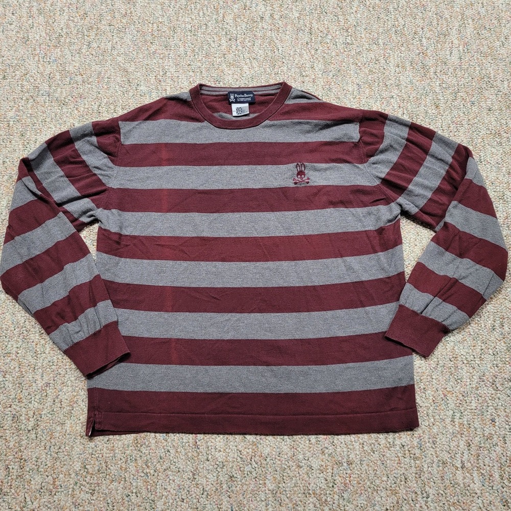 Psycho Bunny Sweater Mens XL Burgundy Striped Pima Long Sleeve Crew Neck Logo.